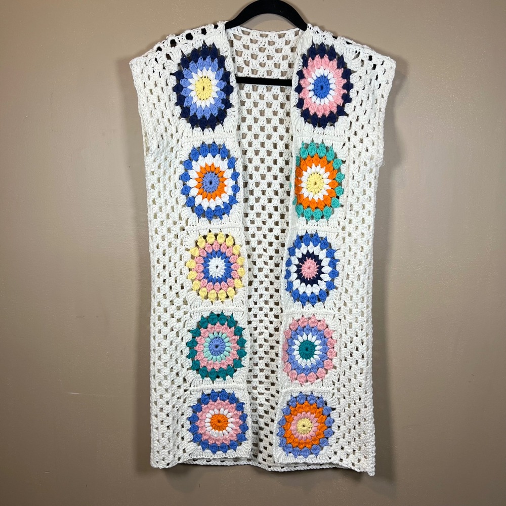 Handmade Crochet Granny Square Long Vest White Multi Color Boho Floral Cardigan